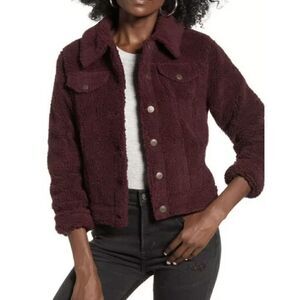 T-104~ TEN SIXTY SHERMAN TEDDY FLEECE TRUCKER JACKET MERLOT WINE RED sz S